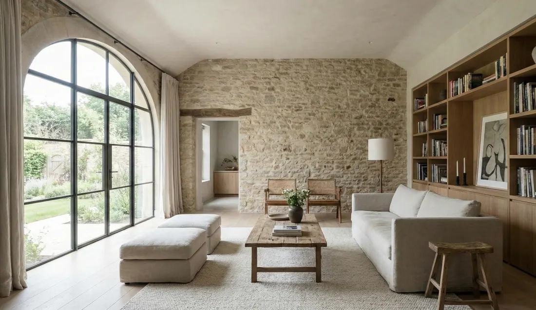 Mur en pierre et intérieur rénové respectant le bâti ancien